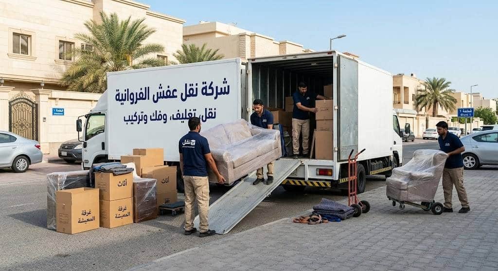 فريق عمل محترف يقوم بتغليف ونقل الأثاث بعناية فائقة بمحافظة الفروانية بالكويت باستخدام شاحنات مجهزة