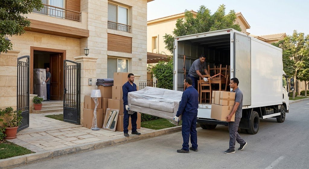 تحميل الأثاث الثقيل والمغلف بطبقات حماية متينة عبر ونش هيدروليكي خارجي لضمان نقله بدون خدوش بواسطة خبراء التغليف في الكويت