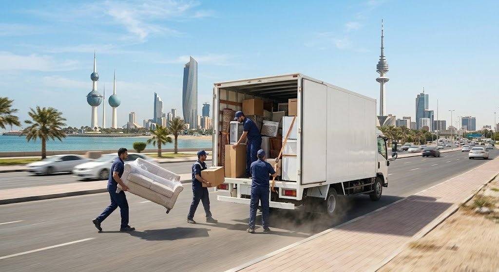 فريق عمل محترف يقوم بتغليف ونقل الأثاث بعناية فائقة ضمن خدمات نقل عفش الرقة بالكويت لضمان حماية الممتلكات ووصولها بأمان تام وبدون أي خدوش.