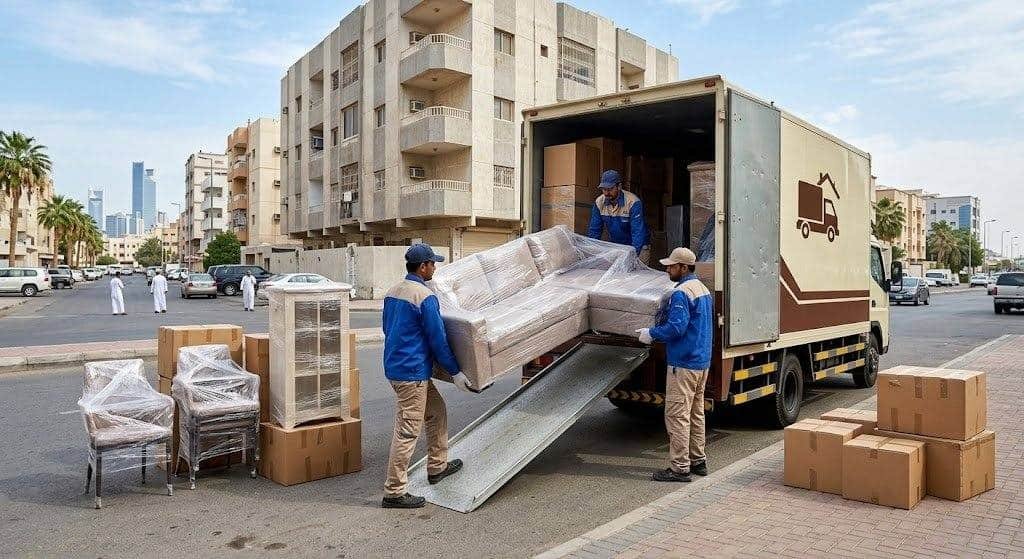 فريق عمل محترف يقوم بتغليف ونقل الأثاث بعناية فائقة ضمن خدمات نقل عفش القصر بالكويت لضمان حماية الممتلكات ووصولها بأمان تام وبدون أي خدوش.