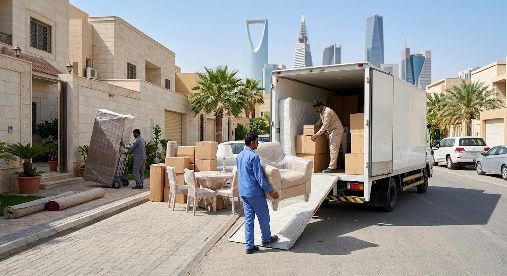 فريق عمل محترف يقوم بفك وتغليف وتحميل الأثاث المنزلي والمكتبي بعناية داخل سيارات نقل مجهزة ضمن أعمال نقل عفش عبدالله السالم بالكويت لضمان حماية المنقولات من الخدوش والكسور أثناء مراحل النقل