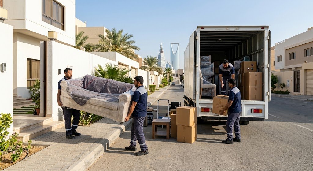 فريق عمل متخصص يقوم بفك وتغليف وتحميل الأثاث بعناية تامة داخل شاحنات نقل مجهزة ومغلقة ضمن أعمال نقل عفش السالمية بالكويت لضمان حماية المقتنيات من الخدوش والكسور أثناء عملية النقل