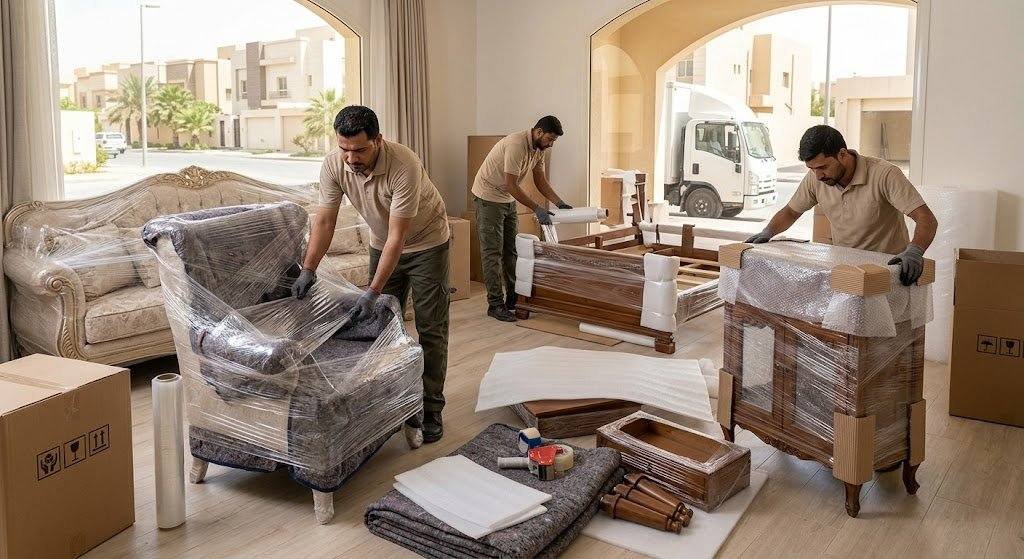 فريق عمل محترف يقوم بتغليف ونقل الأثاث بعناية فائقة ضمن خدمات نقل عفش الأندلس بالكويت لضمان حماية الممتلكات ووصولها بأمان تام وبدون أي خدوش.