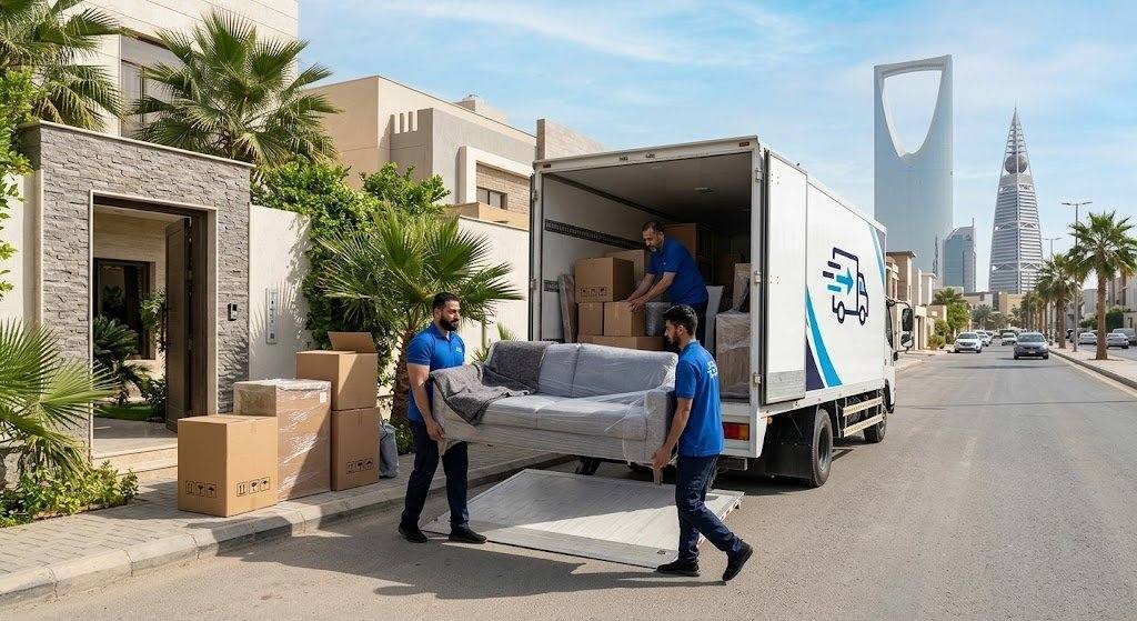 فريق عمل محترف يقوم بتغليف ونقل الأثاث بعناية فائقة ضمن خدمات نقل عفش بيان بالكويت لضمان حماية الممتلكات ووصولها بأمان تام وبدون أي خدوش.