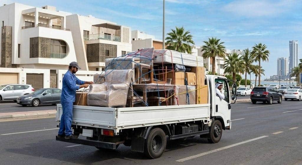 فريق عمل محترف يقوم بفك وتغليف ونقل الأثاث بأمان وعناية ضمن خدمات نقل عفش صباح السالم بالكويت لضمان راحة وسلامة ممتلكات العملاء.